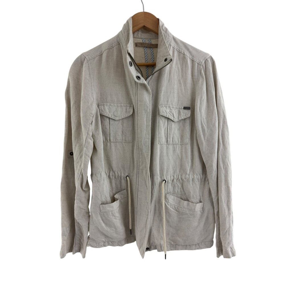 Max Jeans Linen Blend Utility Jacket Drawstring Waist Pockets Size M Coat Zip